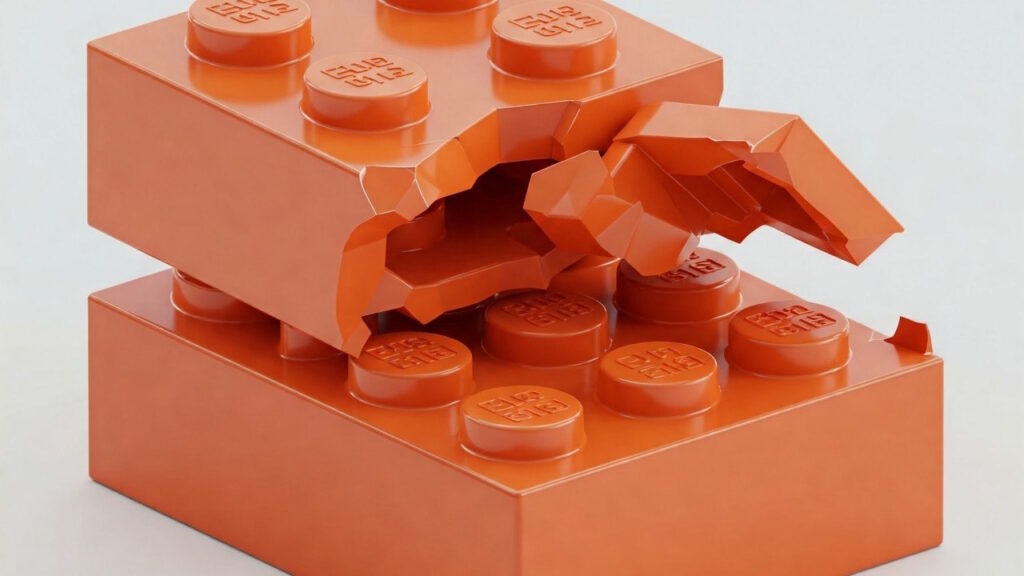 Zwei orange Klemmbausteine von denen der obere kaputt ist