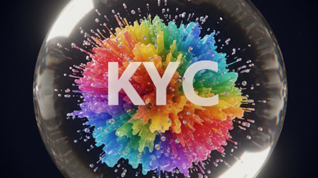 Eine Galskugel in deren Innerem eine bunte Explosion stattfindet und die drei Buchstaben KYC stehen