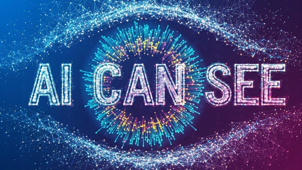 Ein auf "AI Can See" Lautender Schriftzug steht vor einer stilisierten Darstellung eines menschlichen Auges