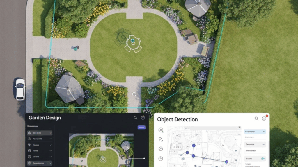 Drohnenansicht eines Gartens mit eingeblendeten Fenstern einer Design-Software zur Gartengestaltung