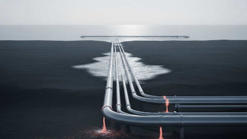 Pipelines führen durch eine Monochrome Landschaft zum Horizont. Aus Lecks fliessende Flüssigkeit fällt dank einer roten Farbgebung auf.