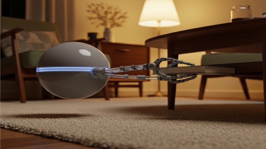 Eine schwebende Haushaltsdrone ist am Aufräumen