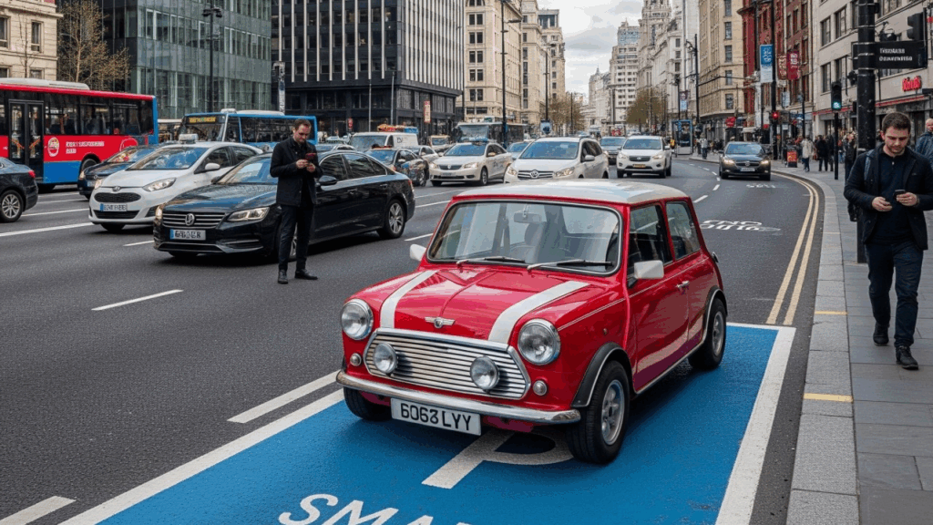 Ein roter Mini Cooper steht auf einer belebten städtischen Strasse auf einem Smarten Parkplatz